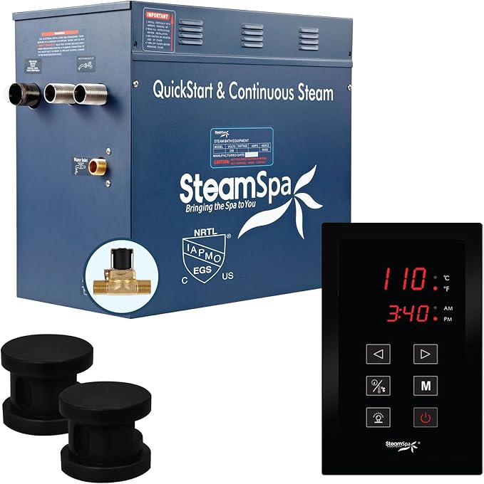 STEAMSPA 10.5kW Steam Sauna Generator Sentry Series 240V Steam Generator with Touch Screen, Steamhead, Built-in Steam Shower Auto Drain, ACU Quickstart Steam Bath Generator (Black)