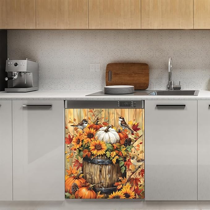 Autumn Birdie Pumpkin Dishwasher Magnet Cover, Reusable Refrigerator Panel Stickers Microwave Front Door Covers Magnets for Kitchen Home Appliances Holiday Party Decorations 23 X 26 in