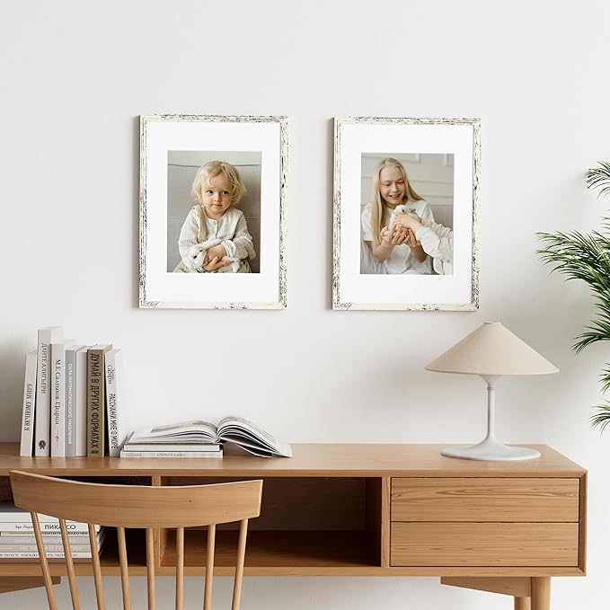 Vittanly 12x16 Picture Frame Set of 2, Solid Wood Frame for Wall Art Photo and Prints, Display Photo 8.5x11 with Mat or 12x16 without Mat, Distressed White