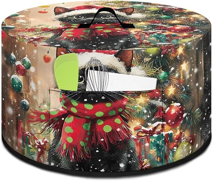 Black Cat Christmas Tree Print Slow Cooker Dust Cover with Top Handle Kitchen Gadgets Dust-Resistant Rice Cooker Cover Keep Kitchen Clean with Pocket for Accessories Christmas Decor