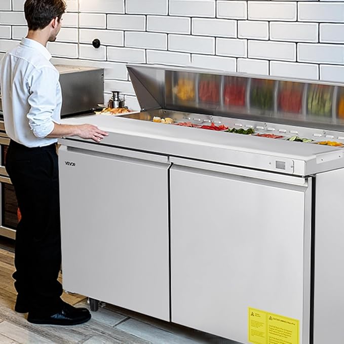 VEVOR 60" W Commercial Refrigerator, 15.4 Cu. Ft Sandwich Prep Refrigerated Table, Mega Top Food Prep Fridge with 16 Pans Cutting Board, Stainless Steel Salad Prep Cooler for Restaurant, Food Truck