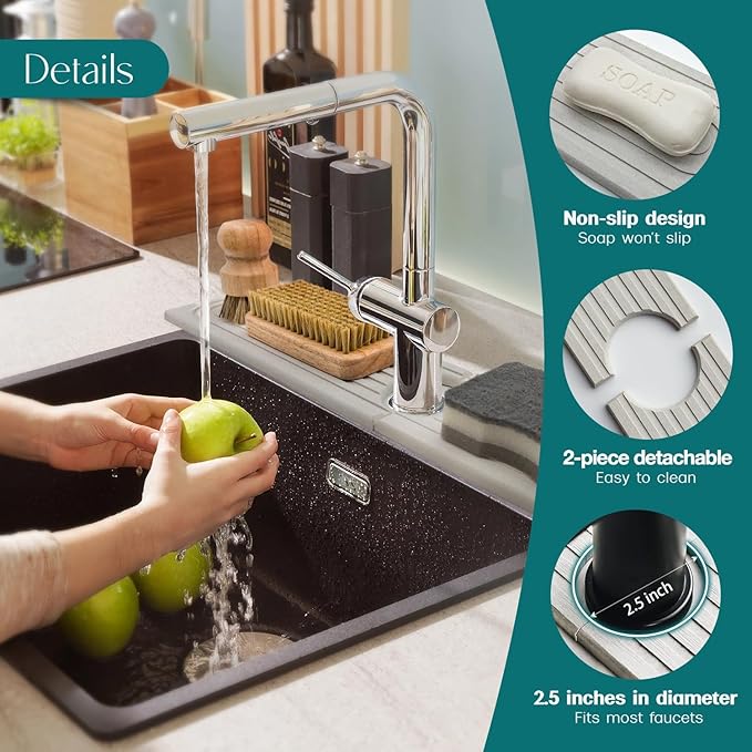 Stone Faucet Mat for Kitchen Sink – Diatomite Drying Stone Mat & Sink Protector, Prevents Moisture – Sink Splash Guard Water-Absorbing Stone Tray for Bathroom Counter (Light Grey, 20" x 3.9")