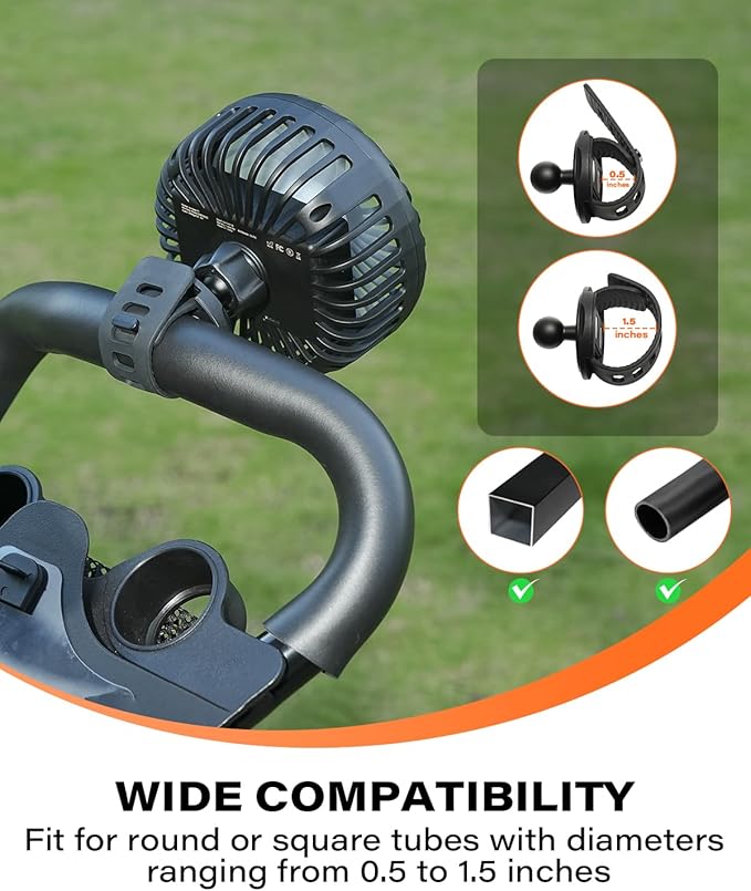 A2C Rechargeable Golf Cart Fan, 3 Speed Settings, 360° Rotation, Portable 4000mAh Battery Cooling Fan for EZGO, Club Car, Yamaha, Forklifts, Lawn Mowers, Fits 0.5"-1.5" Bars
