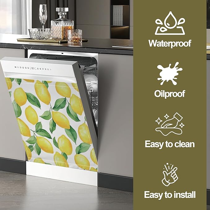 Magnetic Dishwasher Cover,Lemon Reusable Dishwasher Magnetic Cover Green Leaves Decorative Door Covers Panel for Home Kitcen 23" x 26"