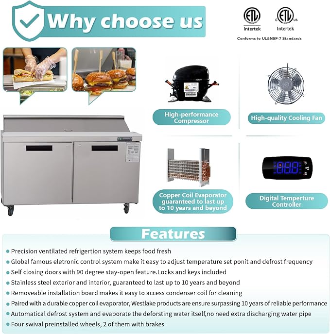 WESTLAKE 60" W 2 Door Refrigerator Sandwich & Salad Prep Table Commercial Stainless Steel Counter Fan Cooling Refrigerator with 16 Pans-60 Inches for Restaurant, Bar, Shop, etc