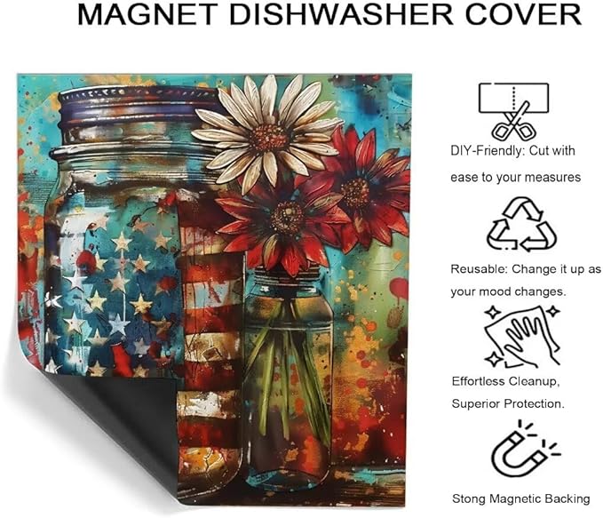 Farm Sunflower American Independence Memorial Day Dishwasher Magnet Cover,23" x 17" Dishwasher Cover,Magnetic Decal Vinyl Sticker Kitchen Decor Refrigerator Magnets Self Adhesive Wrap