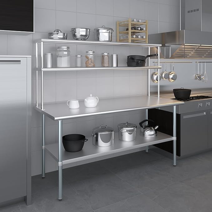 Amgood Stainless Steel Work Table Double Tier Overshelf | Metal Kitchen Prep Table & Shelving Combo (30" x 72" Work Table + 12" Overshelf)