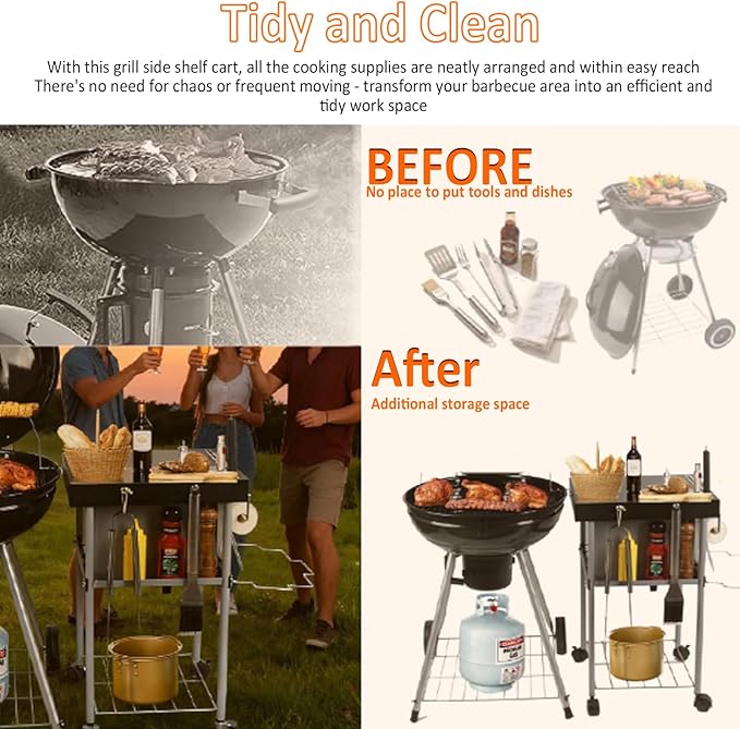 Rolling Grill Side Table Cart for 18"/22" Weber Charcoal Kettle Grills - Outdoor Prep Stand with Wheels, Mesh Storage Racks for Backyard BBQ, Camping, Parties