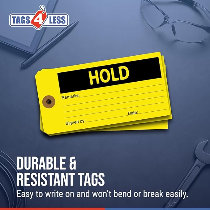Tags 4 Less Production Quality Control Hang Tags – Equipment Preventative Maintenance Labels, for Easy Record-Keeping for Inventory Status (Hold, Pack of 100)