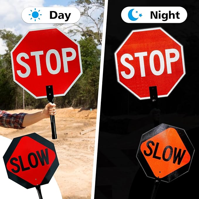 GicnKeuz Stop Slow Sign with Metal Handle, 18x18 inches Double Sided Slow/Stop sign, Traffic Reflective Aluminum Sign, Fade Resistant/Waterproof, Easy to Mount (2 Pack)
