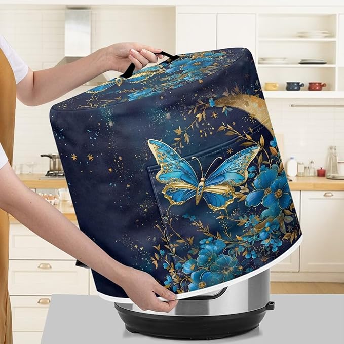 Flashideas Blue Butterfly Pressure Cooker Cover with Storage Pocket Compatible with 8 10 Quart Instant Pot, Durable Rice Cooker Air Fryer Accessories, Waterproof Kitchen Appliances Dust Cover