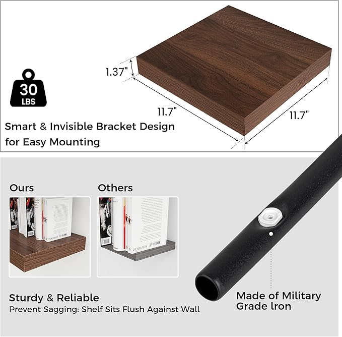 Square Floating Shelves for Wall 12"W x 12"D x 1.4"H, Small Engineered Wood Wall Shelves with Invisible Brackets for Living Room Bedroom Bathroom Office Kitchen Storage Decor, Walnut Finish, Set of 3