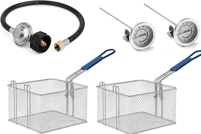 Two Tank Propane Deep Fryer-2 Basket Stainless Steel Cooker-Fry Fish/Chicken Outdoor-4 Gal. Oil Capacity-with 2 Thermometers and Regulator