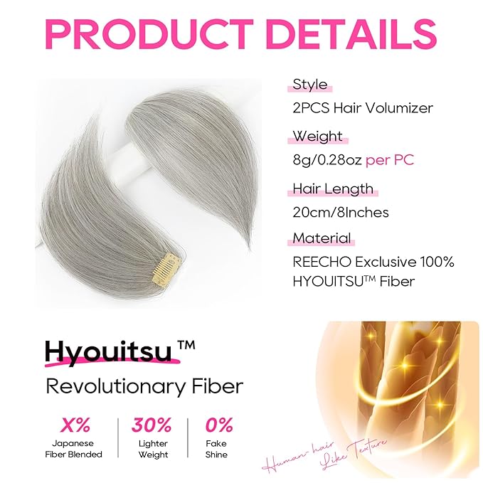 REECHO Clip in Hair Volumizer, Short Thick Clip in Hairpieces Adding Extra Hair Volume Extensions for Women with Thin Fine (Grey, 8 Inch(Pack of 2))