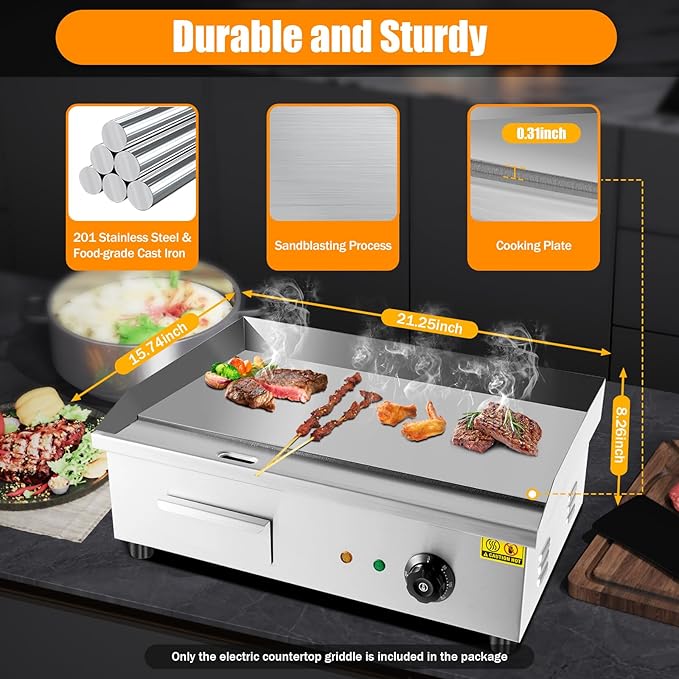 Electric Griddle, Electric Countertop Flat Top Griddle, 110V 3000W Stainless Steel Non-Stick Flat Top Grill, 122-572℉ Adjustable Temp Control for Restaurant Kitchen BBQ Pancake