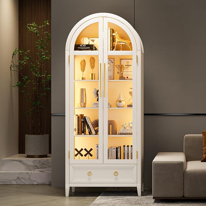 Lvifur 73" Tall Arched Display Cabinet with Glass Doors,4-Tier Curio Cabinets with 3 Color Lights for Collectibles,LED Storage Cabinet with Human Body Sensor,Ajustable Shelf for Toys, Books,White