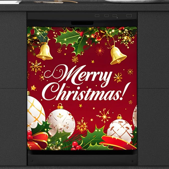 Merry Christmas Bell Flower Dishwasher Magnet Cover, Reusable Refrigerator Panel Stickers Microwave Front Door Covers Magnets for Kitchen Home Appliances Holiday Party Decorations 23 X 26 in
