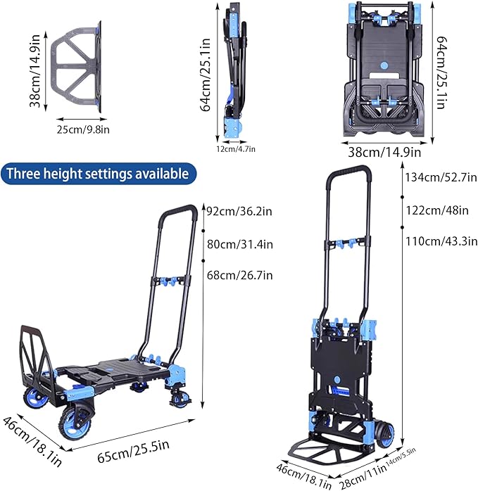 Folding Hand Truck Dolly Capacity Collapsible Heavy Duty Utility Cart with Adjustable Handle Convertible Trolley for Luggage Moving Camping Home Office (Blue, 65cm*46cm*92cm)