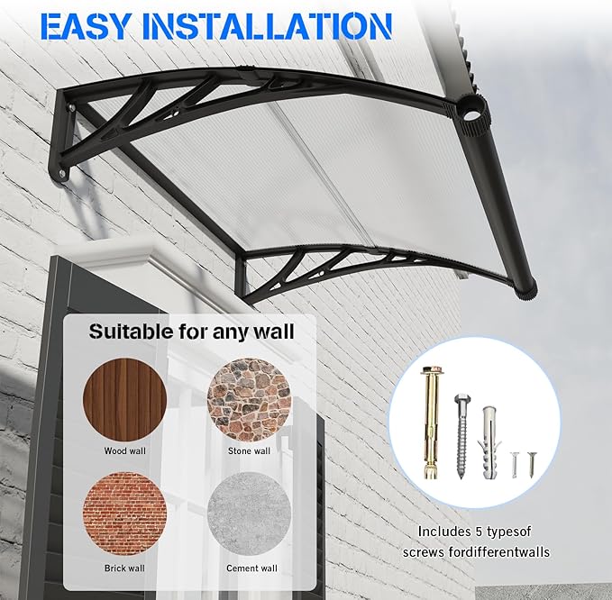 Awning for Door Entrance with Drainage Sink,40x120 Inch Awnings for Doors,Window Canopy Exterior with Plastic Steel Bracket,Polycarbonate Cover,UV,Rain,Snow Protection for House,Porch,Patio,Deck