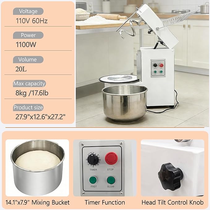 TECHTONGDA 20L Commercial Dough Mixer Machine with Removable Bowl & Timer, Double-speed Double-action Dough Kneading Machine, 110V Stainless Steel Stand Spiral Mixer for Restaurant Bakery Pizzeria ﻿