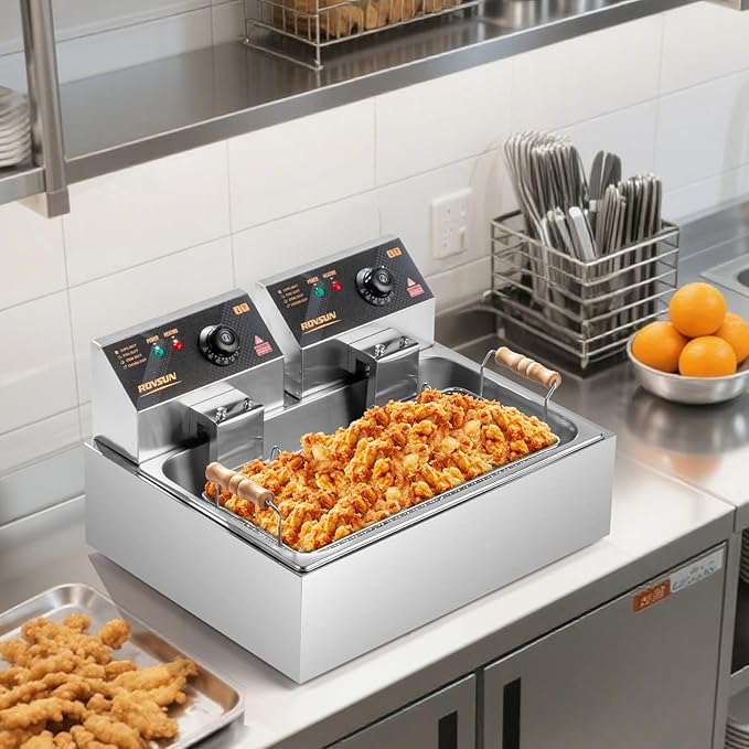 ROVSUN 23.8Qt Electric Deep Fryer with Basket, Lid & Adjustable Temp, Commercial Deep Fryer Countertop, Stainless Steel Kitchen Fat Fryer Frying Machine for French Fries Turkey Onion Rings 5000W