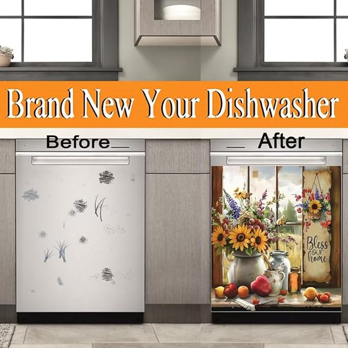 Country Rustic Window Sunflower Dishwasher Magnet Cover,23" x 26" Dishwasher Cover,Bless Our Home Magnetic Decal Vinyl Sticker Kitchen Decor Refrigerator Magnets Self Adhesive Wrap