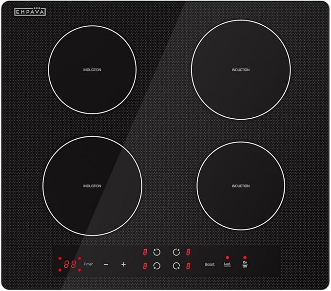 Empava 24 Inch Electric Induction Cooktop, 4 Burner Built-In Smooth Glass Stove Top with Power Boost, Touch Control, Timer, Child Lock, Residual Heat Indicator, Hardwired