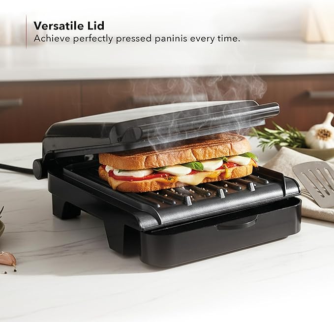 OVENTE 2-Serving Electric Indoor Grill & Panini Press with Easy Clean Non-Stick Plate Coating, Opens 180 Degrees, 8.15" x 7.4" Space Saving Design, 750W Contact Grill for Burgers & More, Black GP222B