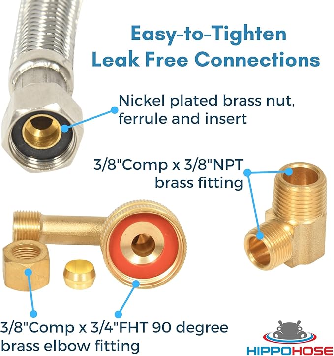 Dishwasher Water Hose Kit (10 FT) - Universal Fit to All Dishwasher Brands - Braided SS Dishwasher Water Supply Line - 3/8" Comp x 3/8" Elbow & All Fittings Included