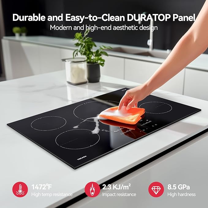 30 Inch Induction Cooktop 7400W, TECASA Built-in Induction Stovetop with 4 Boost Burner, Timer & Child Safety Lock, 9 Heating Level, Sensor Touch Control, 240V, Drop-in Electric Stove Top