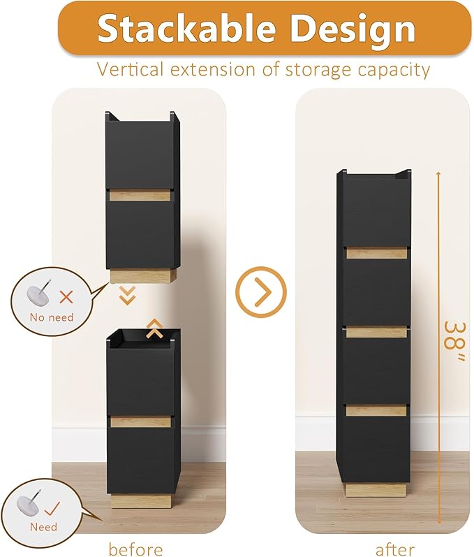 Narrow Night Stands, Modern Slim Nightstand Set of 2, Wooden Skinny Bedside Table 2 Drawers, Stackable Narrow Side Table with Drawers for Small Spaces, Bedroom, Living Room, Black