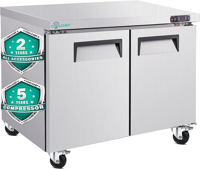 48" Commercial Double Door Worktop Refrigerator, 12.2 Cu.ft Stainless Steel Undercounter Prep Table Fridge, R290 Commercial Cooler with Casters