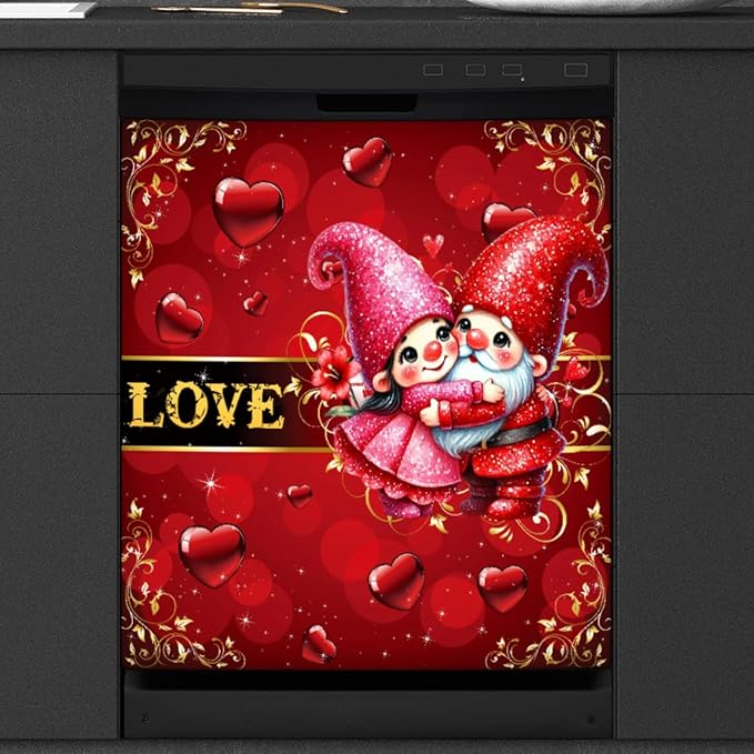 Gnomes Valentine Couple Dishwasher Magnet Cover Front Dishwasher Cover Decor Reusable Magnetic Door Cover Panel Decal Home Appliances Stickers Kitchen Refrigerator Fridge 23"x26"