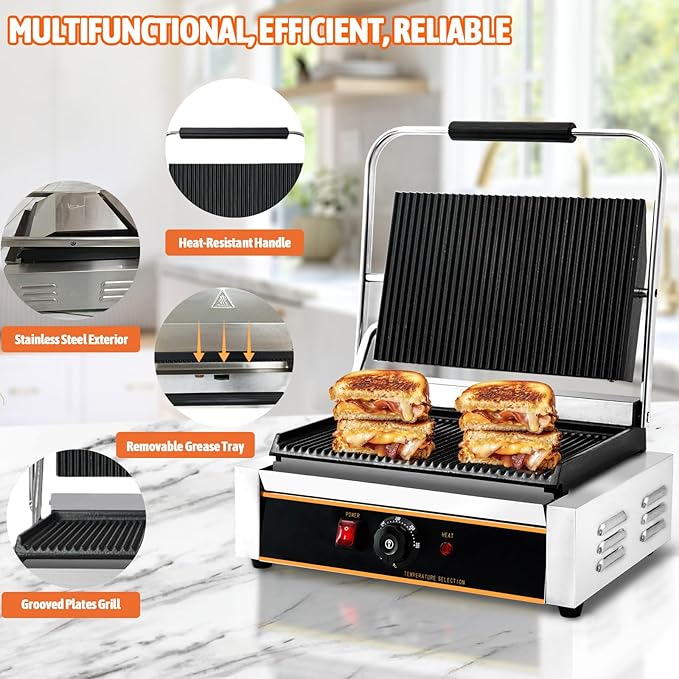 Commercial Panini Press Grill 2200W Countertop Electric Sandwich Maker with Adjustable Temp Control, Nonstick Coating, Grooved Plates Grill, for Burgers Steaks Panini