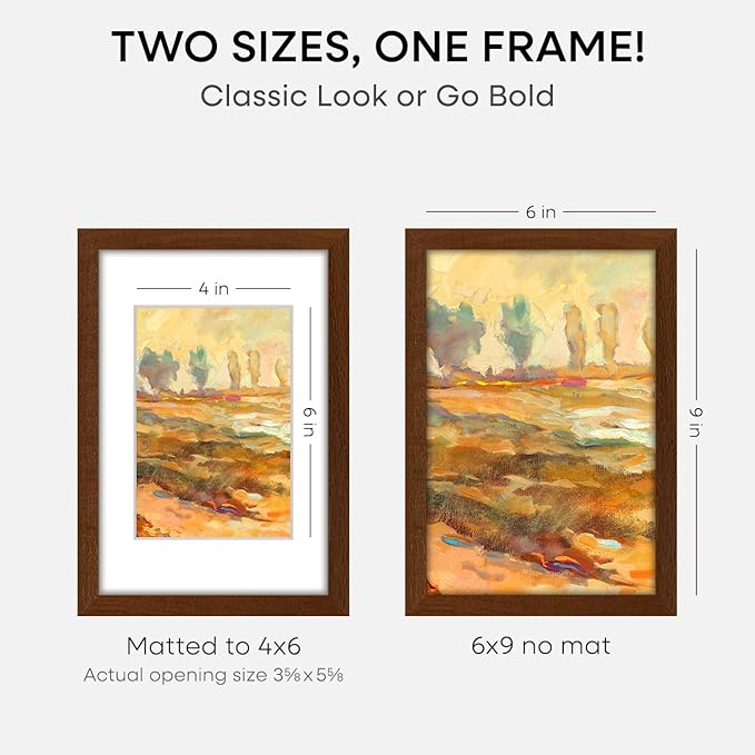 Homeforia 6x9 Picture Frame Brown Wood, High End Dark Oak 6x9 Walnut Wooden Frames with Mat 4x6 Photo, 6 x 9 Frame Matted to 4 x 6 Print, 9x6 Wall or Tabletop Frame, Tempered Glass, Wall Kit, Set of 2