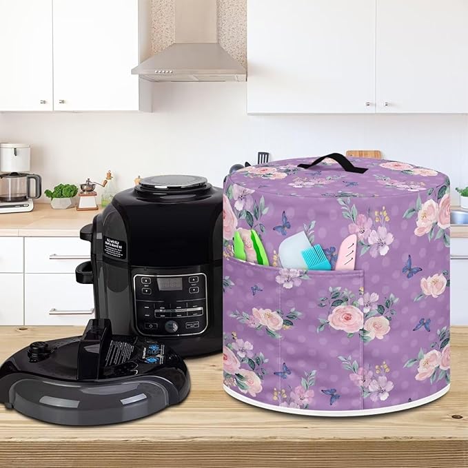 TODIYADDU Purple Rose Butterfly Electric Pressure Cooker Cover Round Protective Cover Bag with Pocket and Handle for Instant Pot or Rice Cooker Kitchen Small Appliance Dust Covers Nice Holiday Gifts