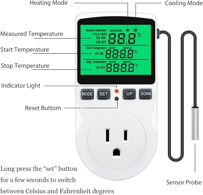 KABASI Digital Temperature Controller, Backlit LCD Screen Thermostat Heating Cooling Outlet Plug with Sensor Timer for Reptile Incubator Greenhouse Brewing Refrigerator 110V, 15A, ℉/℃