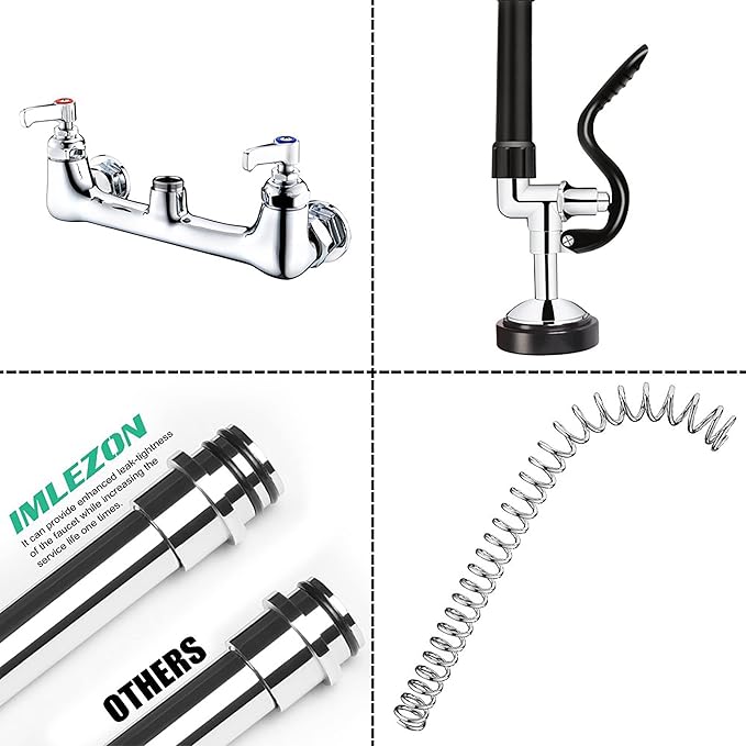 Commercial Faucet with Sprayer 21" Height 8" Center Wall Mount Kitchen Sink Faucet Brass Constructed Polished Chrome Pre-Rinse Device with Spring and 8" Add-on Spout