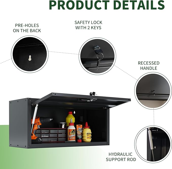 Metal Wall Cabinet,Wall Mounted Garage Cabinets with Lockable Up-Flip Door,Black Hanging Storage Cabinet 130 lbs Capacity,Floating Cabinet for Tool Organization in Basement,Workshop,Kitchen