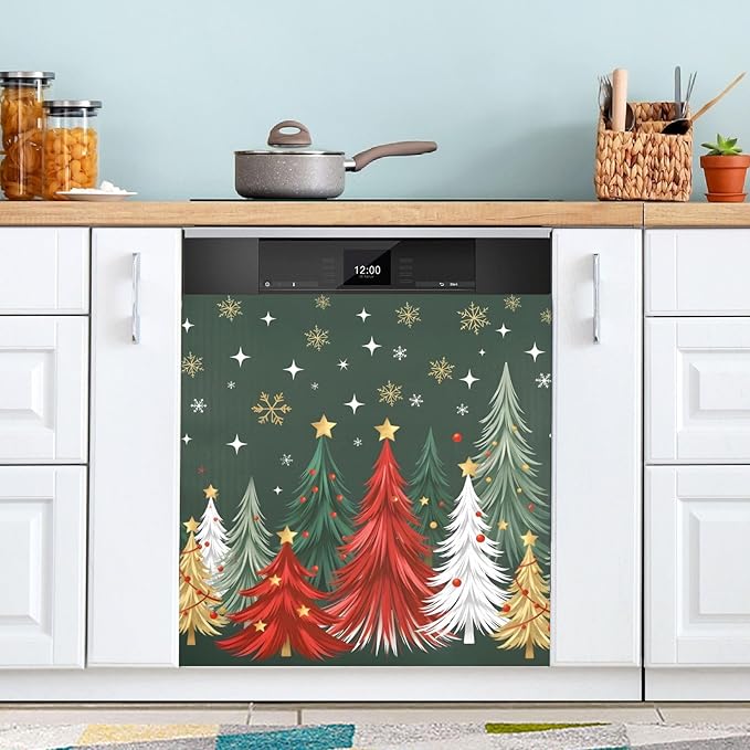 Christmas Tree Dishwasher Magnet Cover Panel Green Xmas Magnetic Dishwasher Covers Refrigerator Sticker Decal Decorative Washing Machine Cover for Home Kitchen,23x26in