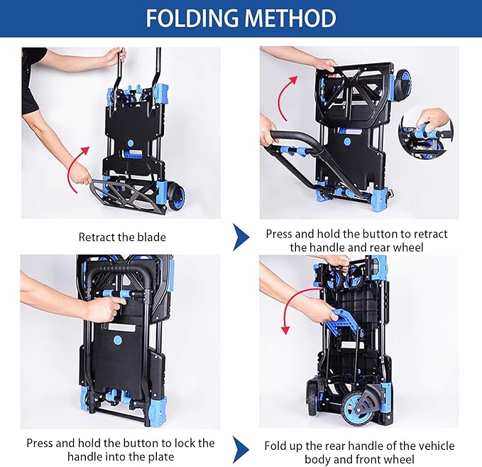 Folding Hand Truck Dolly Capacity Collapsible Heavy Duty Utility Cart with Adjustable Handle Convertible Trolley for Luggage Moving Camping Home Office (Blue, 65cm*46cm*92cm)