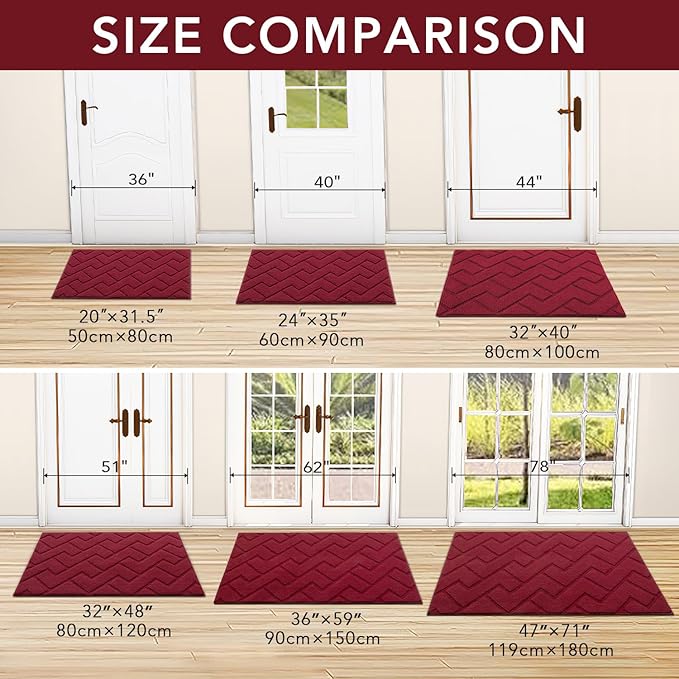 hicorfe Indoor Door Mat,Non Slip Door Mats,32"x48" Front Back Door Mat Rubber Backing,Absorbent Resist Dirt Entrance Inside Floor Mats for Entryway Washable Low-Profile(Red)