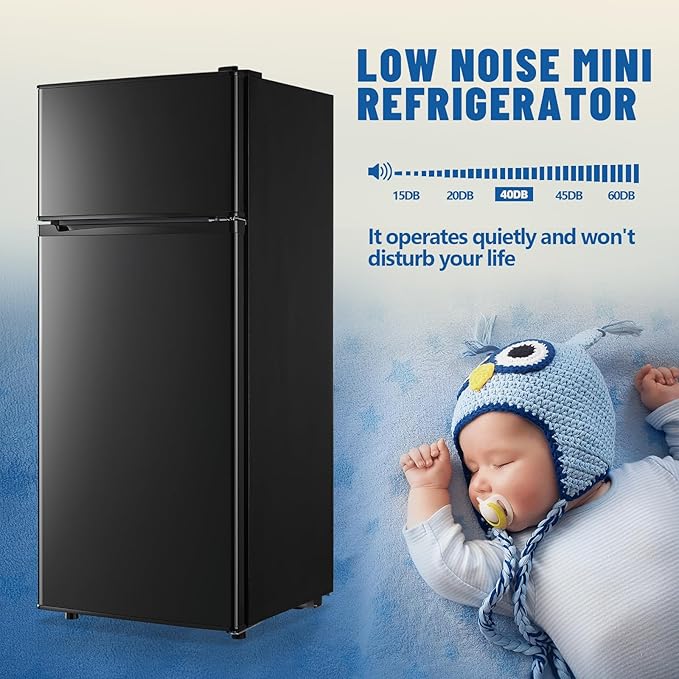 4.5 CU.FT Capacity Compact Refrigerator with Freezer Double Door Mini Fridge Small Apartment Refrigerator with 7 Adjustable Temp Control & 3 Glass Shelves for Kitchen Office Dorm Black