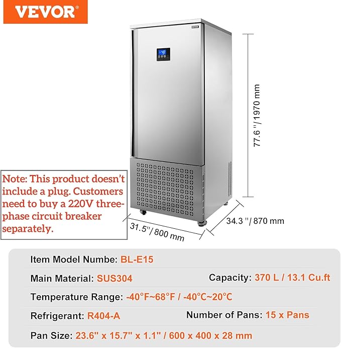 VEVOR 370 L Blast Chiller, 15 Trays Commercial Large Flash Freezers, <-31~68°F> 4 Modes Shock Frozen, 304 Stainless Steel Flash Freezer, Blast Chillers with Caster for Bakery, Restaurant Kitchen
