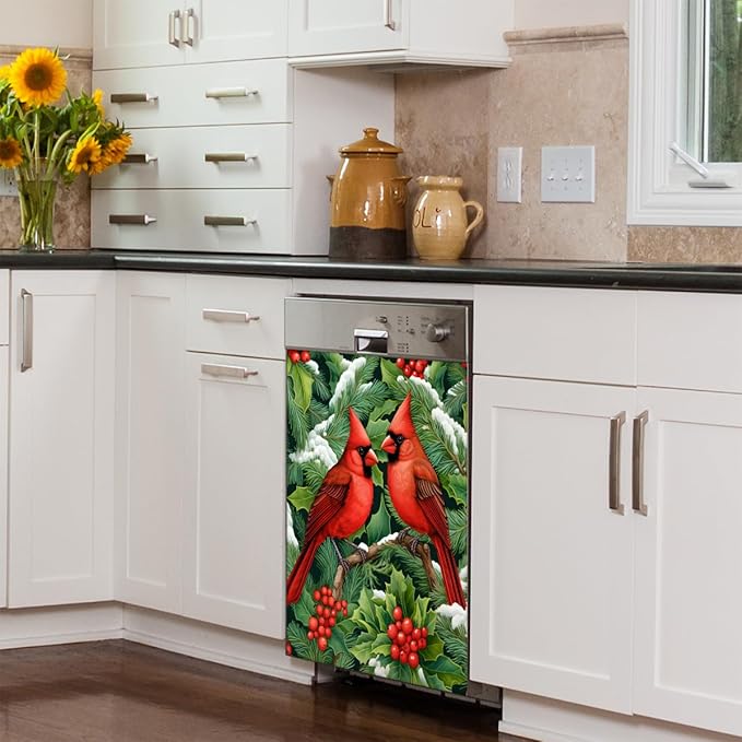 Christmas Cardinals Dishwasher Magnet Cover, 23" W x 26" H Fridge Magnetic Stickers Reuseable Magnet Panel Decal Cover for Washing Machine Fridge Microwave Cabinet Kitchen Christmas Decoration
