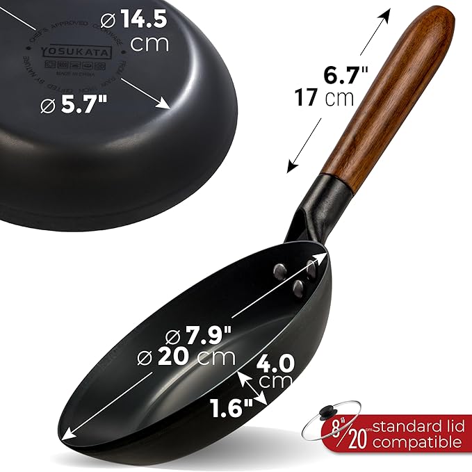 YOSUKATA 7.9" Carbon Steel Frying Pan – Non-Toxic Pre-Seasoned Skillet with Removable Wooden Handle – Coating-Free Wok-Style Pan for Gas, Induction, Electric, Oven & Grill BBQ