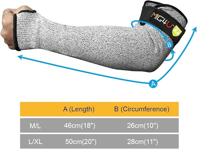 MIG4U Cut Resistant Sleeves, Safety Protection Arm Guards for Men and Women Yard Work, Construction, Farm, Gardening, Adjustable Fit, 1 Pair 20" Grey