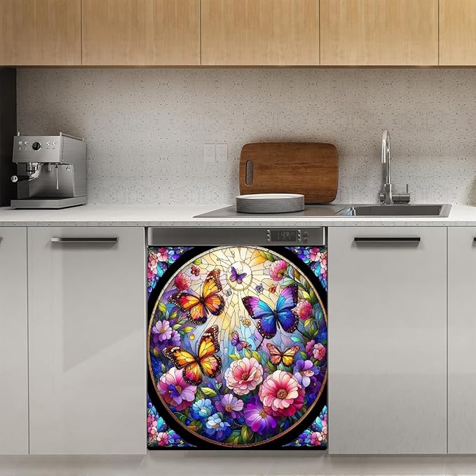 Dishwasher Magnet Cover Spring Butterfly Flower Front Dishwasher Cover Decoration Reusable Magnetic Door Cover Panel Decal Home Appliances Stickers Kitchen Refrigerator Fridge 23"x26"