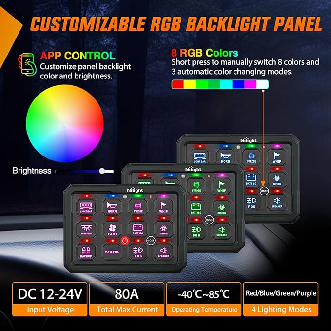 Nilight 12 Gang Switch Panel Circuit Control Relay System APP RGB Backlight Fuse Wiring Harness Toggle Momentary Strobe Flash Modes Automatic Dimmable 12V 24V for Car Truck Camper SUV