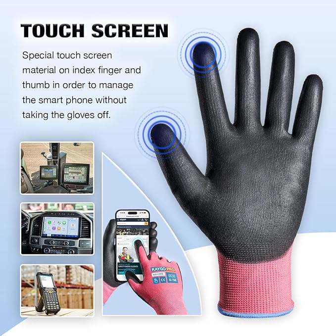 KAYGO Safety Work Gloves PU Coated for Men and Women- KG11PB,12 Pairs,Seamless Knit Glove with Two Fingers Touchscreen,Ideal for General Duty Work (Small,Pink)